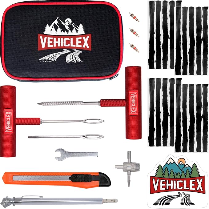 Vehiclex Tire Repair Kit for Plug and Patch with Aluminum Handled Tools - Emergency Kit in Zippered Bag for Car, Motorcycle, ATV, Tractor, Lawn Mower