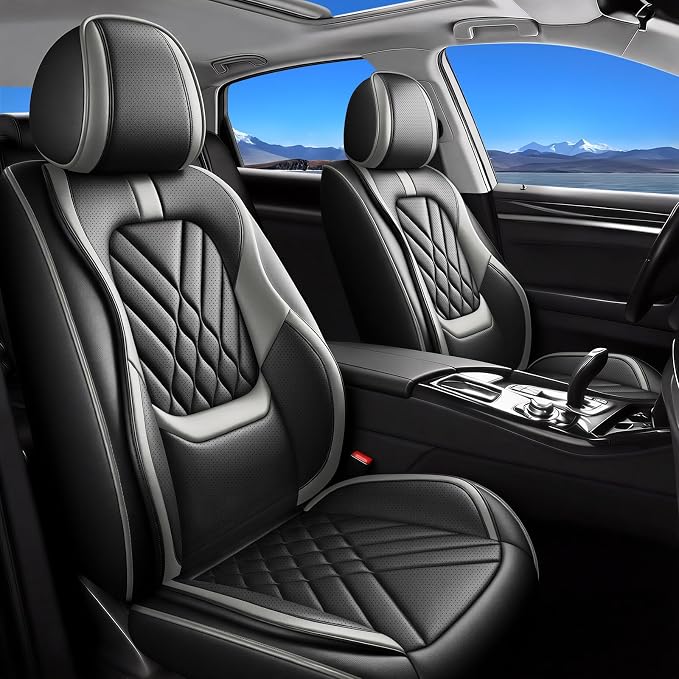 Fit Versa Car Seat Covers Compatible with Nissan Versa 2009-2025 2026-Premium Leather,Waterproof,Breathable,Airbag Compatible &All-Weather Seat Cushion Protecto(Full Set,Grey)