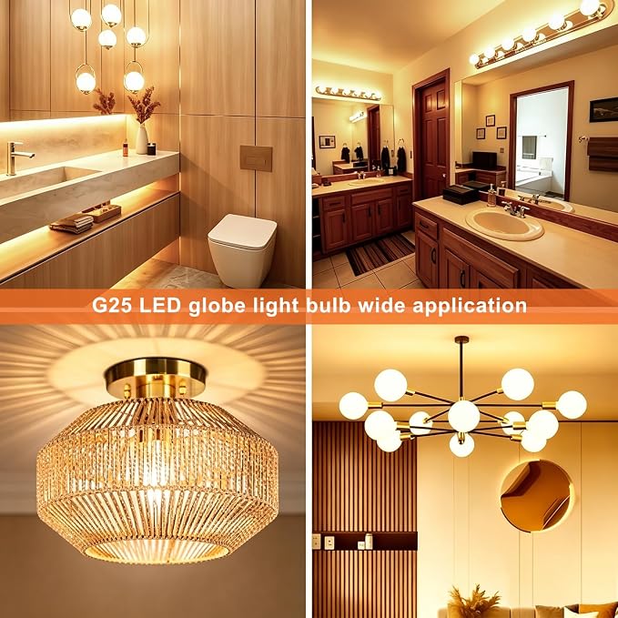 Vinaco Glass G25 led Globe Light Bulbs Dimmable 6W 120V 2700K for Bathroom | 4PCS, Milky Frosted Glass, 60W Eq. 450LM, 360°Beam,Warm White, NO Flicker, High CRI90+, E26 Base, for Makeup Mirror & Pendant