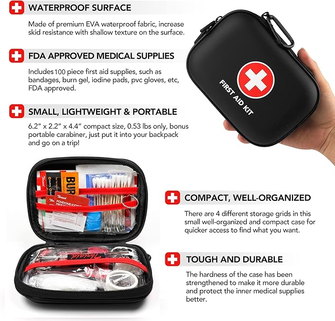 Mini First Aid Kit, 100 Pieces Water-Resistant Hard Shell Small Case - Perfect for Travel, Outdoor, Home, Office, Camping, Hiking, Car (Black)