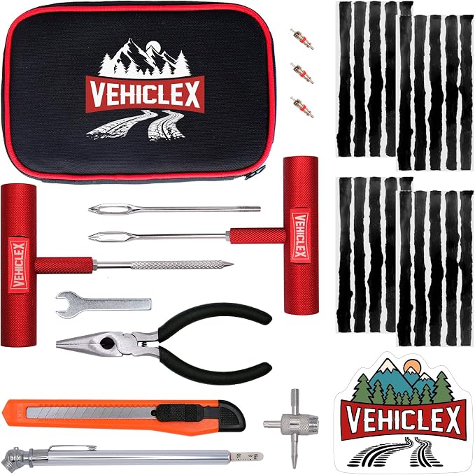 Vehiclex Tire Repair Kit for Plug and Patch with Aluminum Handled Tools - Emergency Kit with Pliers in Zippered Bag for Car, Motorcycle, ATV, Tractor, Lawn Mower