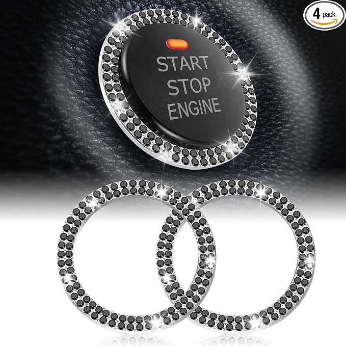 LivTee Car Engine Start Stop Decoration Ring, Crystal Double Rhinestone, Bling Car Interior Accessories for Women, Key Ignition & Knob Bling Ring, Push to Start Button Cover/Sticker, Black