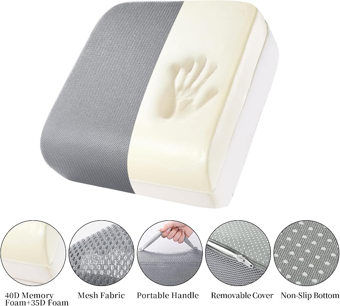MABOZOO Extra Thick Chair Cushions,Office Chair Booster Seat Cushion to Raise Seat Height for Pain Relief,18 x 16 x 6 inch Non Slip Memory Foam Thick Cushion with Carry Handle(Grey)