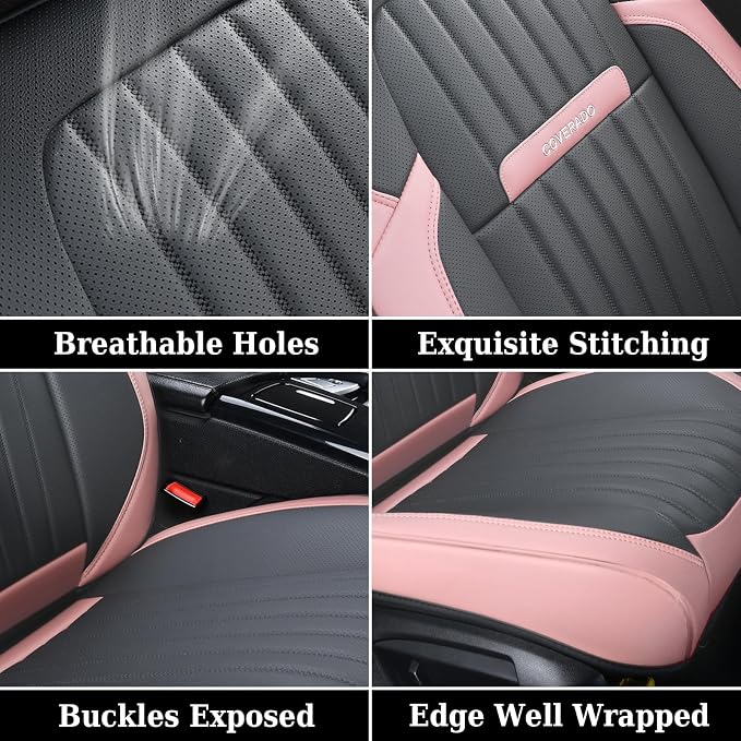 Coverado Car Seat Covers Full Set, Nappa Leather Seat Covers for Cars, Waterproof Car Seat Covers Front Seats and Back, Automotive Car Seat Protector Car Seat Cushion Fit for Most Cars (Pink&Grey)