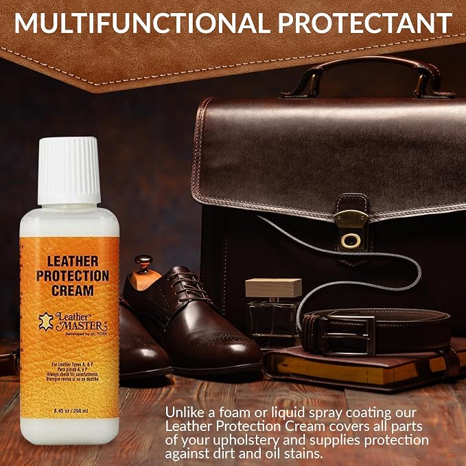 LEATHER MASTER 250ML Leather Protection Cream - Leather Cleaner and Conditioner for Couch Clothes Purses Shoes Boots Car Leather Water Based Formula
