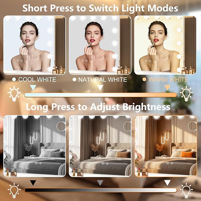 Moonee Vanity Mirror with Lights, Bluetooth Hollywood Lighted Makeup Mirror with 15 Dimmable Bulbs and 10X Magnification, 3 Colors Modes, Light Up Mirror, Gifts for Women, Girls(23" x 18")