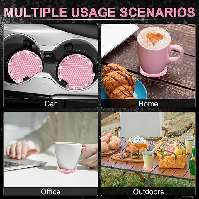 JUSTTOP Bling Cup Holder Coasters for Car,4PCS Universal Non-Slip Cup Holder,Rhinestone Decorative Coasters,Crystal Car Interior Accessories for Women(Pink)