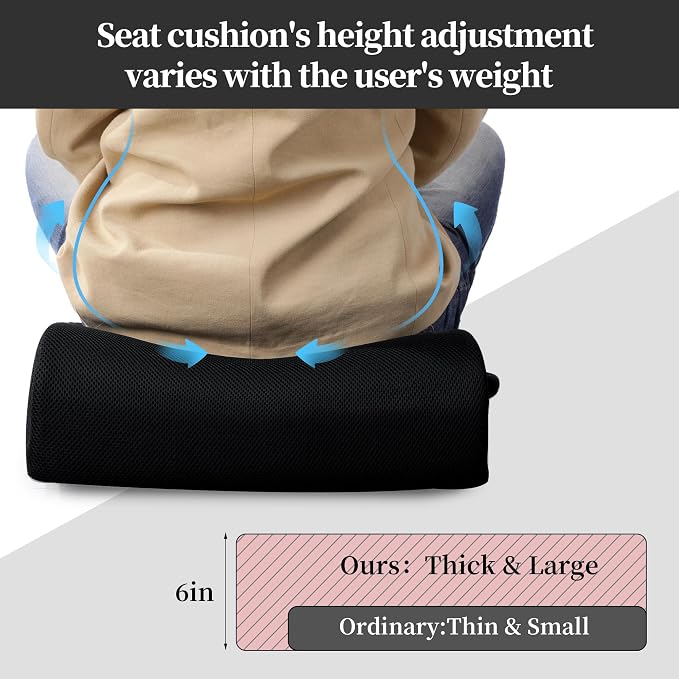 MABOZOO Extra Thick Chair Cushions,Office Chair Booster Seat Cushion to Raise Seat Height for Pain Relief,18 x 16 x 6 inch Non Slip Memory Foam Thick Cushion with Carry Handle(Black)