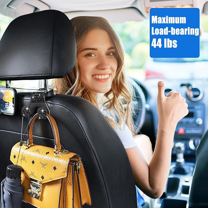Bling Car Purse Hooks 2Pcs, Rhinestones Car Headrest Hook Backseat | Double Hooks,Holds 44Lbs,Wide Opening,Durable Nylon,Car Seat Hook,Purse Holder,Bling Car Accessories for Women,Black
