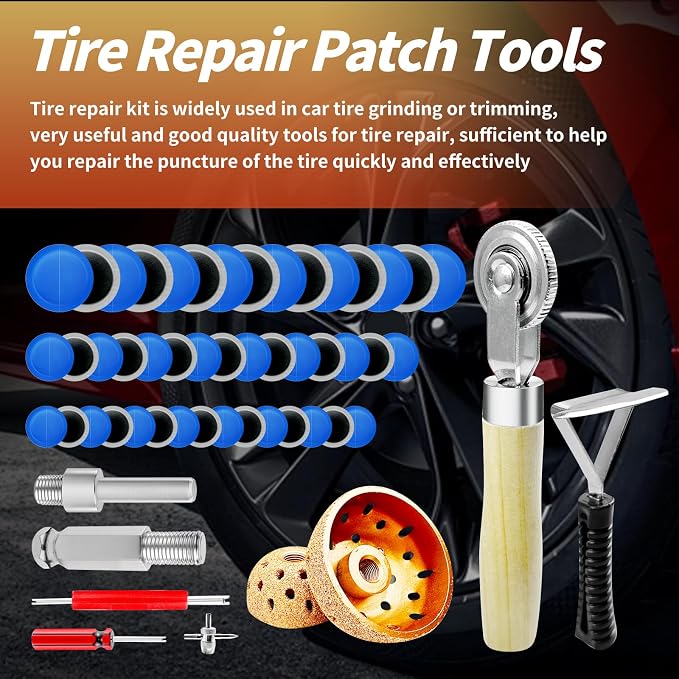 54Pcs Tire Patch Kit Heavy Duty, Tire Repair Tools 42 mm 55 mm Tungsten Steel Buffing Wheel with 32/42/58mm Tire Patches, Inner Liner Scraper, Tire Patch Roller for Car Grinding Polishing Accessories