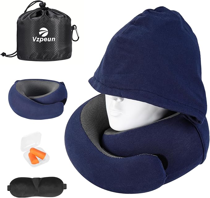 Travel Pillow - Hooded Neck Pillow Airplane Memory Foam Filling for Plane, Office, Cars Sleeping, Road Trip, Long Flights, Airplane Travel Essentials, Includes Eye Mask & Earplugs (Navy)