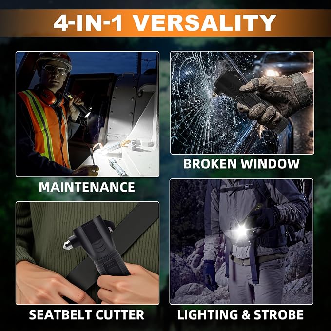 Emergency Car Flashlight - 2000 Lumen Dual Light 4-Level Battery Indicator Window Breaker & Seatbelt Cutter USB Rechargeable Ultra-Light 108g Car Emergency Too (2pcs-Black)