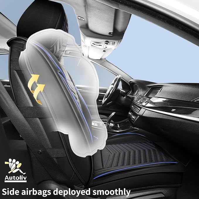 HChengkikz Front Car Seat Cover, Faux Leather, Waterproof (Black+Blueline) | Easy Maintenance, Airbag Compatible, Universal Fit For Most SUVs Trucks Pick-ups Sedans