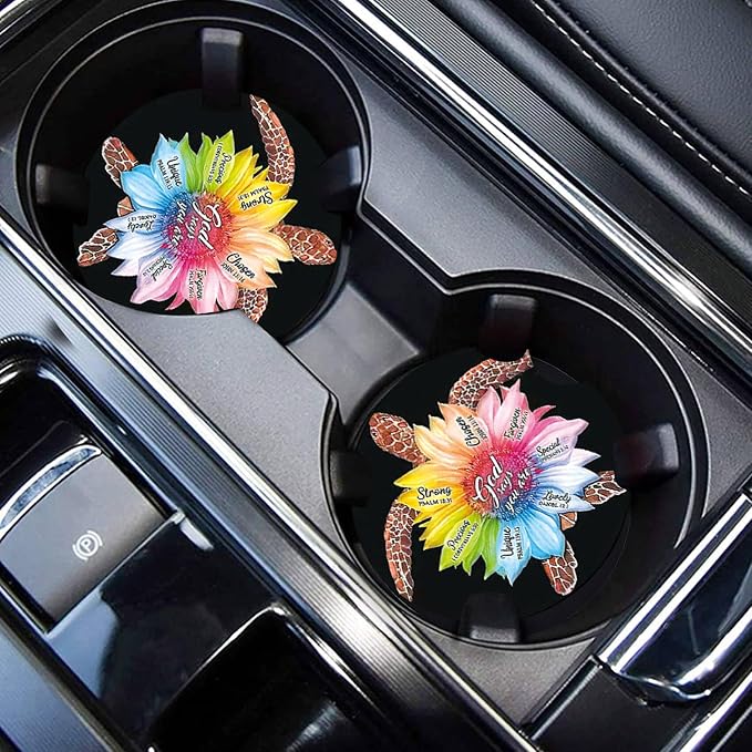 2 Pack Cat Car Cup Holder Coasters Neoprene Anti Slip Rubber Mat | Cats Car Accessories Interior Decor 2.75" Universal Size Insert Auto Coasters Cat Gifts for Women Men Pet Love