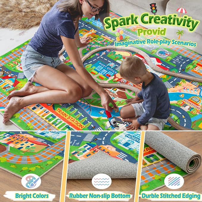 Car Rug Play Mat for Kids Toy Cars, 4 Packs 3'x4'/ 36"x48" Road Traffic Playmat for Kid Bedroom, Non-Slip Machine Washable Town City Race Track Carpet for Learn and Have Fun
