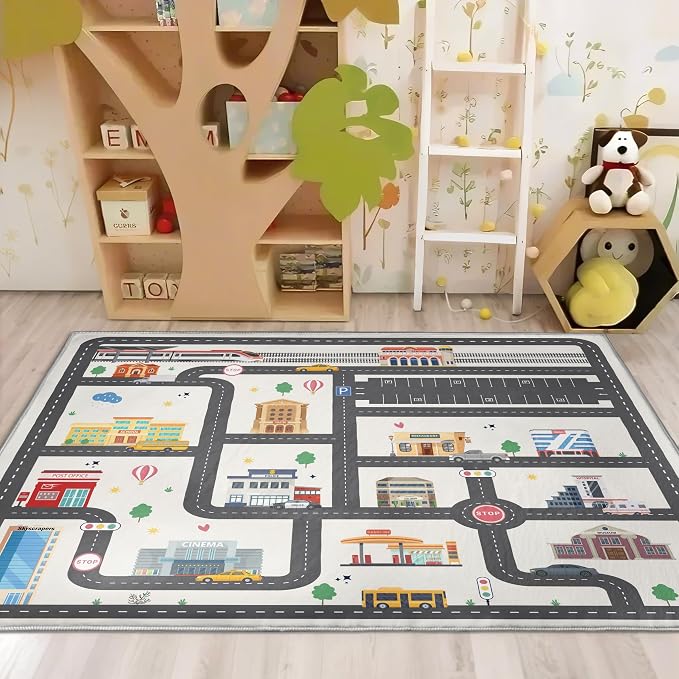 Nayoroom Kids Car Road Playroom Rug, Faux Wool City Map, Non-Slip, 4 x 6 ft | Interactive city road map; Car-friendly routes; Soft faux wool surface; Non-slip backing; Easy-care room accent