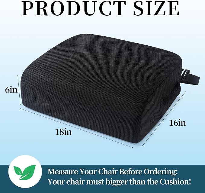 MABOZOO Extra Thick Chair Cushions,Office Chair Booster Seat Cushion to Raise Seat Height for Pain Relief,18 x 16 x 6 inch Non Slip Memory Foam Thick Cushion with Carry Handle(Black)