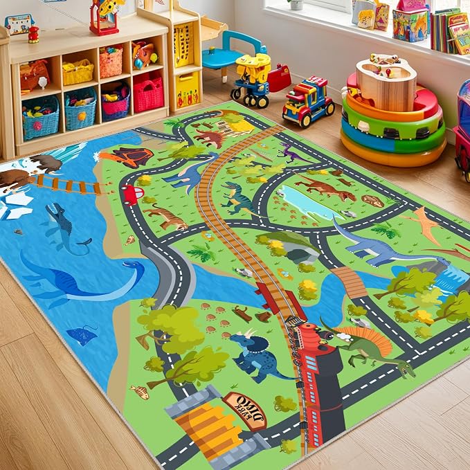 Kids Rugs for Playroom - Non-Slip 3x4 ft Car Rug Dinosaur Play Mat | Soft Fabric, Dinosaurs Carpet, Washable Car Rugs Road Carpet, for Classroom Nursery Bedroom Boys, Stain and Flame Resistant