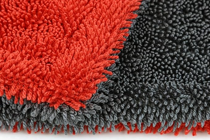 Autofiber Dreadnought Jr. Microfiber Towel, Superior Absorbency for Drying Cars, Trucks, and SUVs, Double-Twist Pile, One-Pass Vehicle-Drying Towel - Pack of 1, Red/Gray (16 inch x 16 inch)