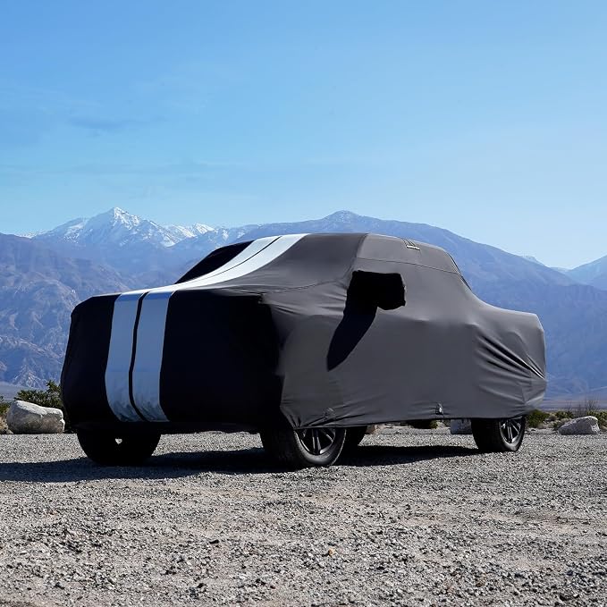iCarCover Premium Heavy Duty Truck Car Cover - Waterproof All Weather Rain Snow UV Protection, Ram 2500 3500, Silverado 2500HD 3500HD, Sierra 2500 3500, Size T75 (See Size Chart), Stripe - Black/Gray