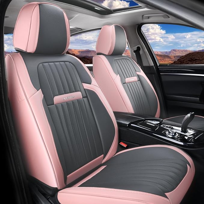 Coverado Car Seat Covers Full Set, Nappa Leather Seat Covers for Cars, Waterproof Car Seat Covers Front Seats and Back, Automotive Car Seat Protector Car Seat Cushion Fit for Most Cars (Pink&Grey)