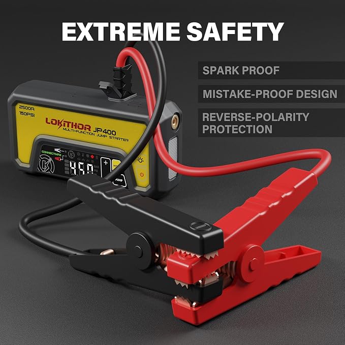 LOKITHOR JP400 Jump Starter with Air Compressor, 2500A 12V Portable Car Battery Booster Pack (8.5L Gas/6.5L Diesel) with ConnectMax Tech, 150PSI Tire Inflator, Auto-Shutoff & Dynamic Dwell (Yellow)