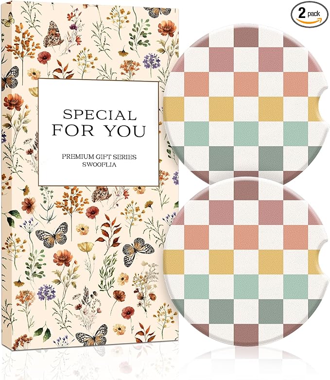 Swooflia Car Coasters for Women - Morandi-Tone Checkered Ceramic Car Cupholder Coaster Absorbent Mat Coaster with Cork Base 2 Pack 2.55 inch Automotive Cup Holder Accessories New Driver Gifts