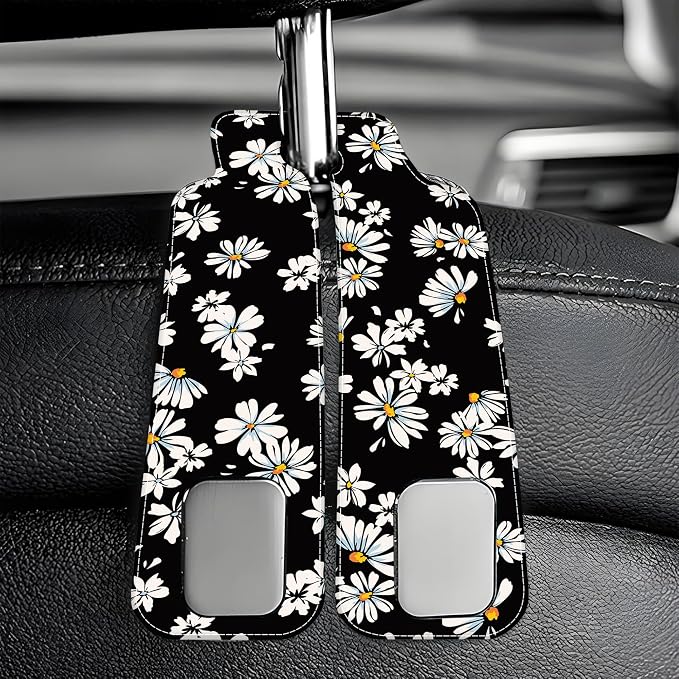 1 Pack Car Seat Headrest Hooks for Purses and Bags Watercolor Daisy Floral Bag Purse Holder for Car with Double Metal Hooks Car Purse Hanger Hanging Accessories
