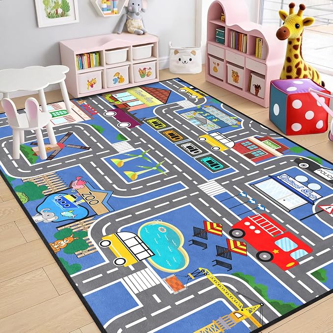 Car Rugs for Kids - Car Track Carpet for Boys Road Rug for Bedroom Road Map Carpet for Kids Toy Play Mat Farm, 3x5 Feet