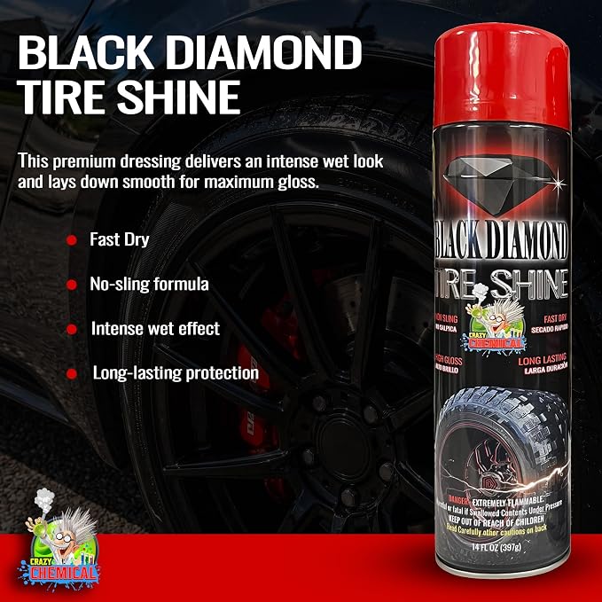 Black Diamond Tire Shine Spray 14 oz Can Pack of 12 – Extreme Wet Look High Gloss, Fast Dry No-Sling Formula and Long Lasting UV Protection for Car & Truck Tires