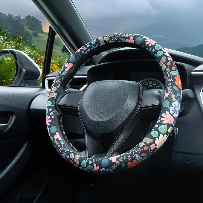 Flowers and Strawberries Steering Wheel Cover Auto Steering Wheel Protector, Anti-Slip, Breathable, Absorbing Sweat, Universal Car Accessories 14.5–15 inch,Fit for Most Car, Trucks, SUV