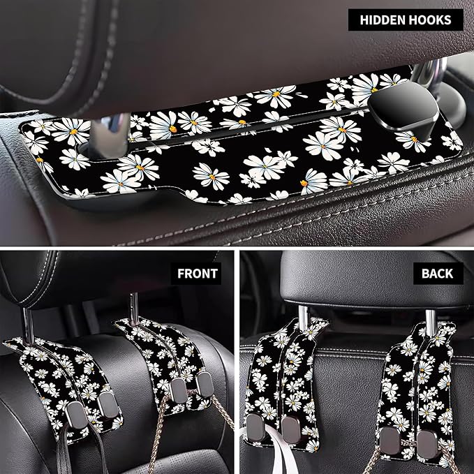 1 Pack Car Seat Headrest Hooks for Purses and Bags Watercolor Daisy Floral Bag Purse Holder for Car with Double Metal Hooks Car Purse Hanger Hanging Accessories