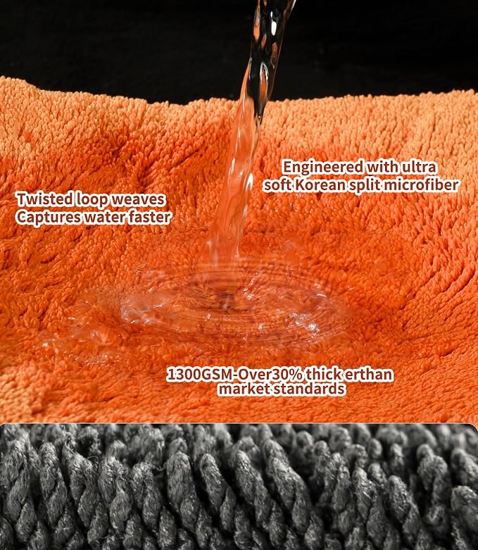 2-Pack Car Drying Towels 24x36 Inch 1300GSM, Twisted Loop Microfiber Cloth for Auto Detailing - Super Absorbent, Lint-Free & Streak-Free for SUV, Truck & Window(Gray-Orange)