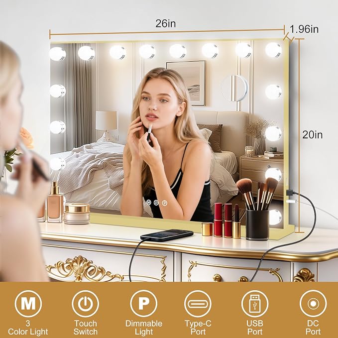 Moonee Vanity Mirror with Lights, Gold Hollywood Lighted Makeup Mirror with 17 Dimmable Bulbs and 10X Magnification, 3 Colors Modes, Aluminum Metal Frame, Light Up Mirror for Tabletop/Wall(26" x 20")