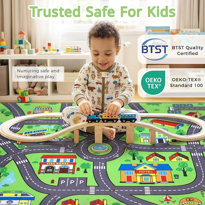 Kids Road Rug 4 x 6 Ft, City Car Play Mat for Kids with Realistic Colors, Non-Slip Floor Carpet for Classroom, Playroom & Bedroom