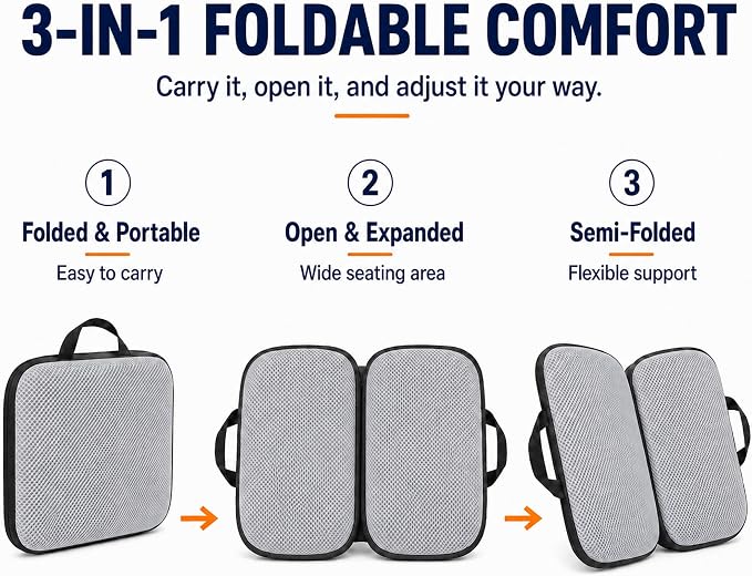 Sojoy 3 in 1 Foldable Gel Seat Cushion Featured with Memory Foam Breathable Seat Cushion for Pressure Relief (Size: 18.5“ x 15" x 2",Gray Mesh)