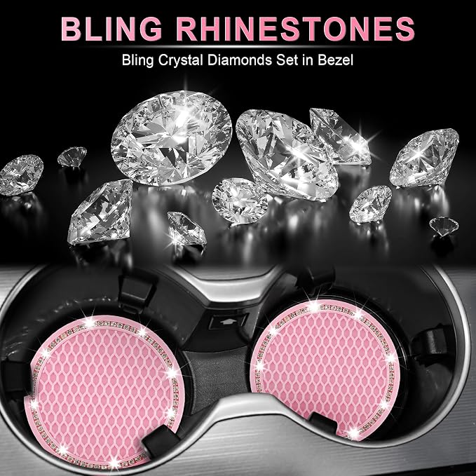 JUSTTOP Car Cup Holder Coaster, 2 Pack Universal Auto Anti Slip Cup Holder Insert Coaster, Bling Crystal Rhinestone Car Interior Accessories-Pink