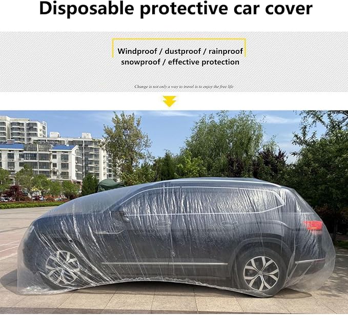 Car Essential Universal Disposable Clear Plastic Car Cover Suitable for SUV Sedan (Membrane Size:11.8ft x 21ft) with Elastic Band for Outdoor Snow Rain Weather,Individually Packaged, Super Convenient