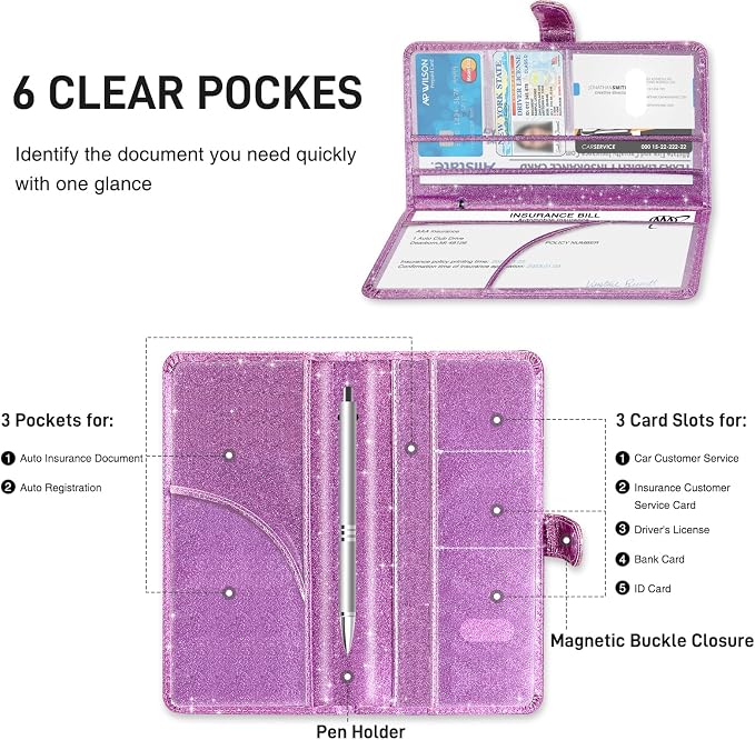 Car Registration and Insurance Card Holder, Document Holder for Cards, Driver Vehicle License Document Glove Box Compartment Organizer, Car Essentials For Women