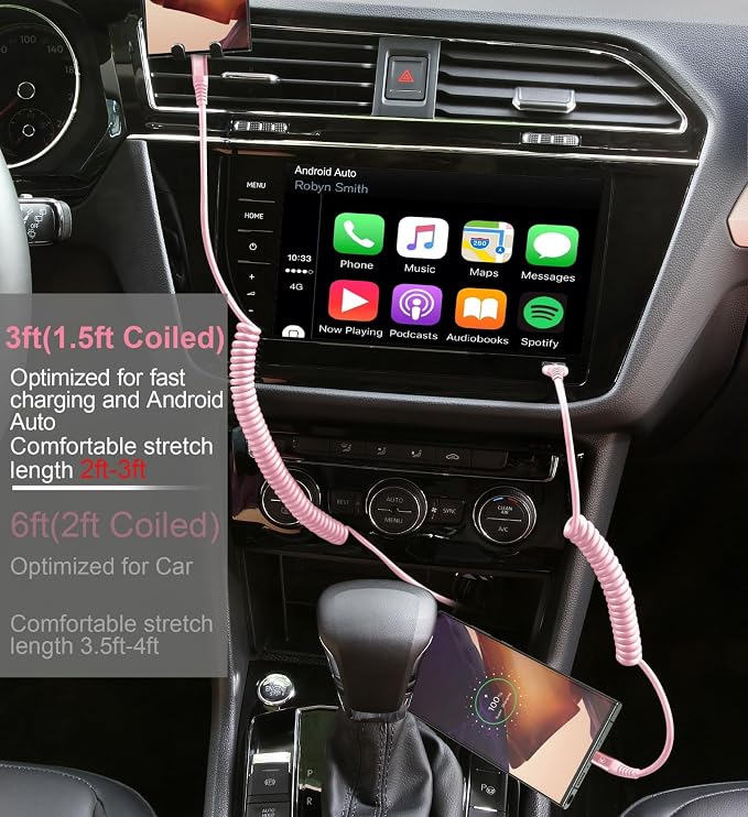 USB C to C Cable 3FT for Car, Coiled USB C Fast Charging Cable iPhone USB-C | Cable 2Pack for CarPlay/Android Auto USB C Cord, USB Type C Cable for iPhone 17/16/15/Samsung Galaxy S23 and More-Pink