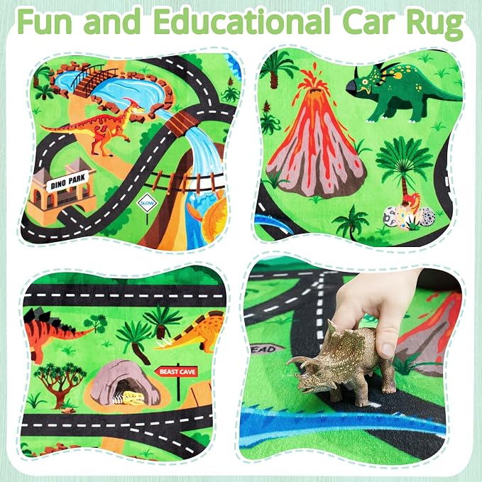 Kids Dinosaur Rug, 6x9 Ft Car Rug Play Mat for Kids | Extra Thick 0.4 in Soft Non-Slip Car Carpet Play Dino Rug with Realistic Roads for Toy Cars,Bedroom, Playroom & Nursery
