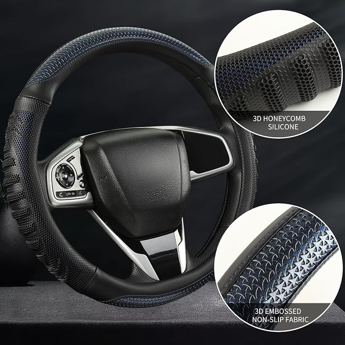 Anti-Slip Silicone Steering Wheel Cover Great Grip with 3D Honeycomb | Sporty Design Large 16 inch for F150 F250 F350 Model S X Ram 4Runner Tacoma Tundra Range Rover, Black with Blue