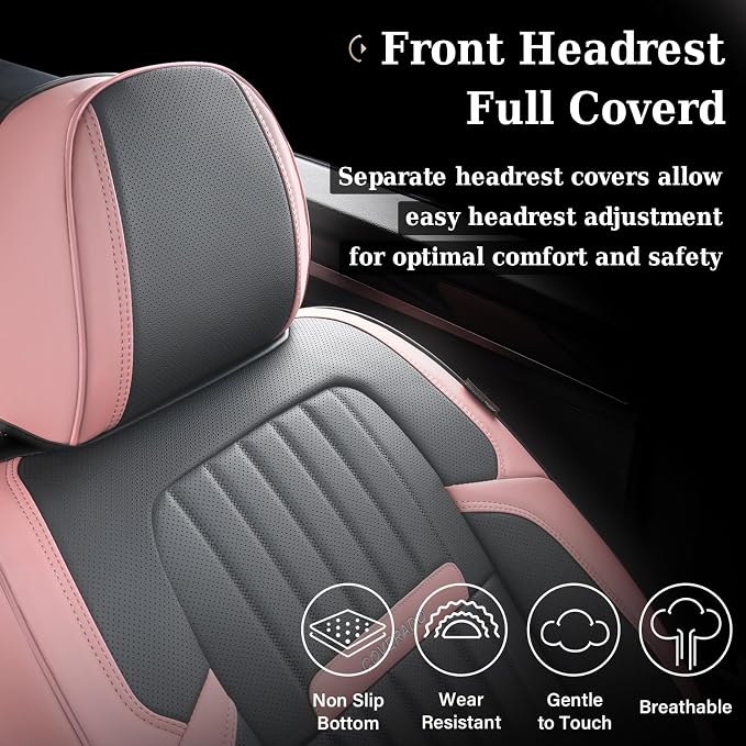 Coverado Car Seat Covers Full Set, Nappa Leather Seat Covers for Cars, Waterproof Car Seat Covers Front Seats and Back, Automotive Car Seat Protector Car Seat Cushion Fit for Most Cars (Pink&Grey)