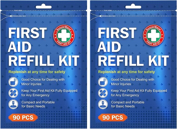 SuccorWare 90 Pieces First Aid Refill Kit - Wound Care Kit Includes Bandages for Home, Travel, Hiking - Portable Replacement Kit for First Aid Medical Supplies(2 Set)