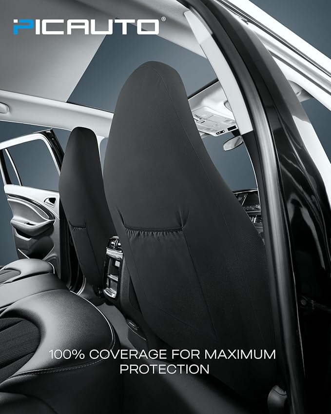 PIC AUTO Leather Car Seat Covers, Sports Carbon Fiber & Mesh Design, High-Back Full Set, Waterproof Automotive Seat Covers, Airbag Compatible, Universal Fit for Cars, SUVs, Trucks (Black & Gray)