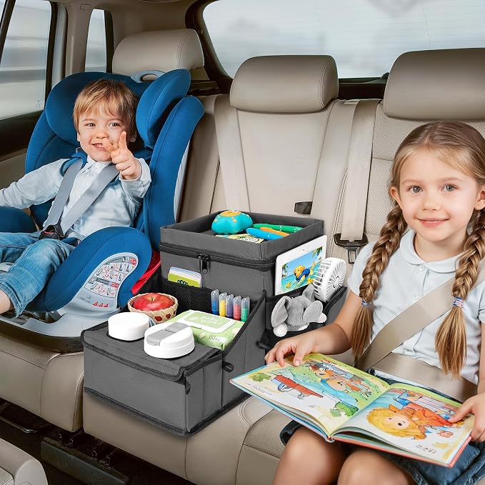 COOLBEBE Car Seat Organizer, Backseat Car Organizer with Cup Holders for Kids and Adults Travel, Cooler Compartment Passenger Seat Organizer Storage Box for Front or Middle Seat, Grey