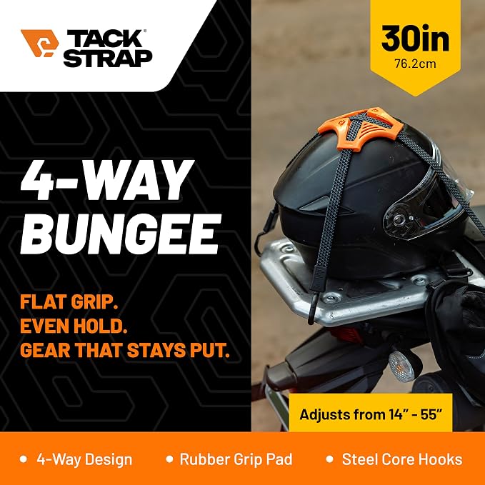 Tack Strap – 4-Way Flat Bungee Cord with Rubber Pad Grip, Non-Slip Tie Down Straps for Motorcycle, ATV, Kayak, Cycling, Camping, Truck Storage, Adjustable Bungee Cords - 2 Pack (Black)
