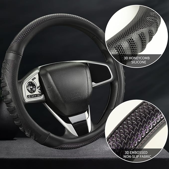 D Shaped Steering Wheel Cover Great Grip with 3D Honeycomb Hole | Anti-Slip Silicone Heavy-duty Microfiber Leather Sporty Design, Universal 14.5 inch - 15 inch, Black with Purple