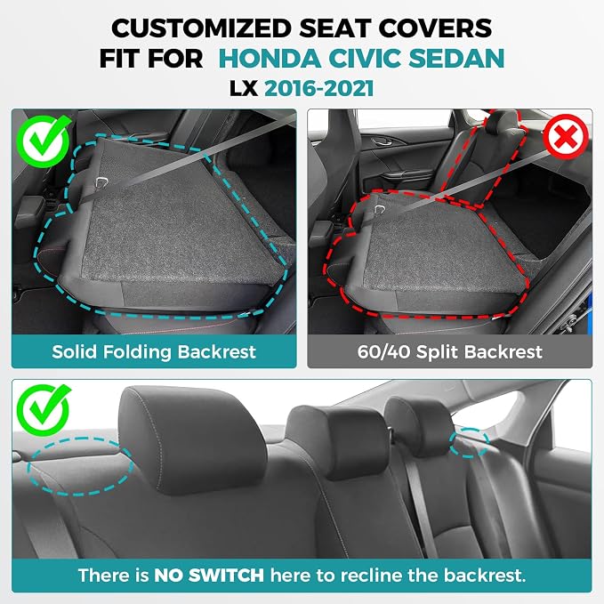 Seat Covers for Honda Civic Sedan LX 2016 2017 2018 2019 2020 2021, Faux Leather Car Seats Cover Full Set Waterproof, Black Red (Solid Rear Seatback - No Rear Armrest)