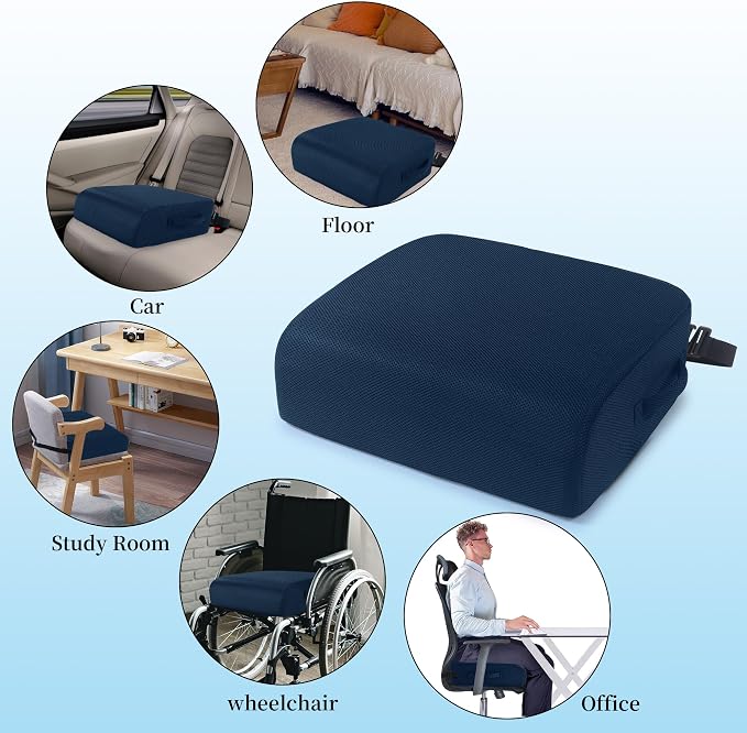MABOZOO Extra Thick Chair Cushions, Office Chair Booster Seat Cushion to Raise Seat Height for Pain Relief,18 x 16 x 6 inch Non Slip Memory Foam Thick Cushion with Carry Handle(Navy Blue)